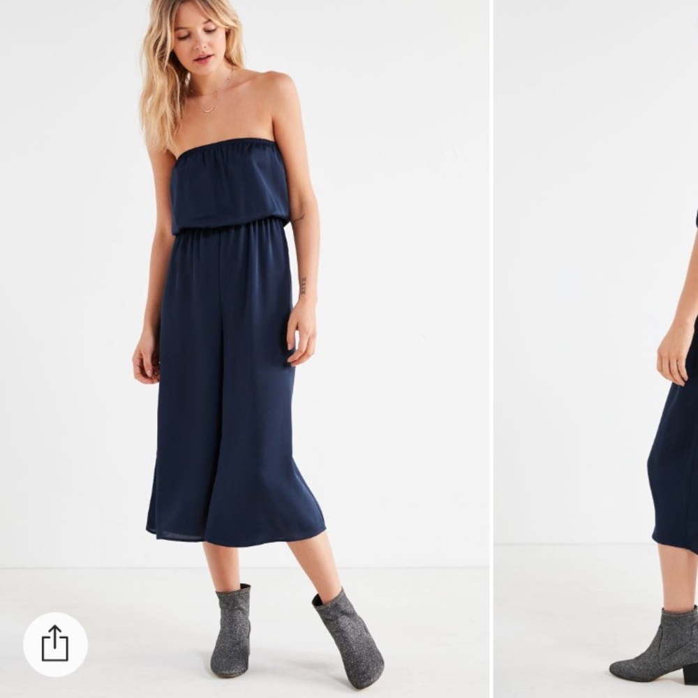 Navy Blue Satin Tube Culotte Jumpsuit